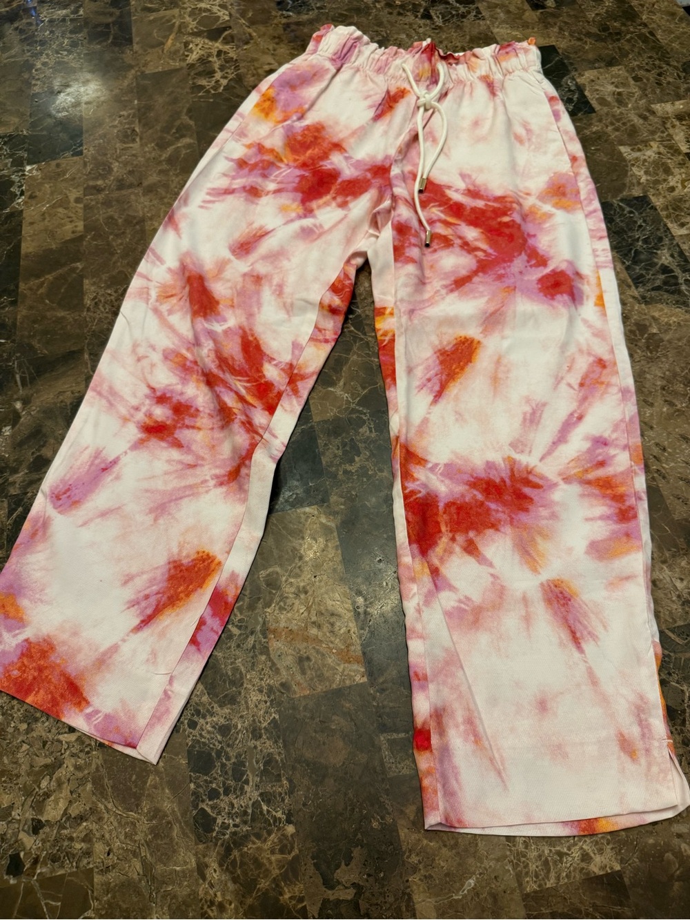 Ann Taylor White Tie-Dye Joggers with Pink, Red & Orange Accents